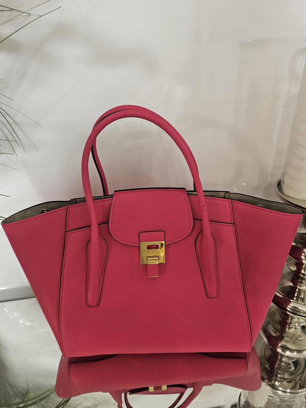 Michael Kors Collection Bancroft Large  Satchel Bright Pink Tote with Gold Lock